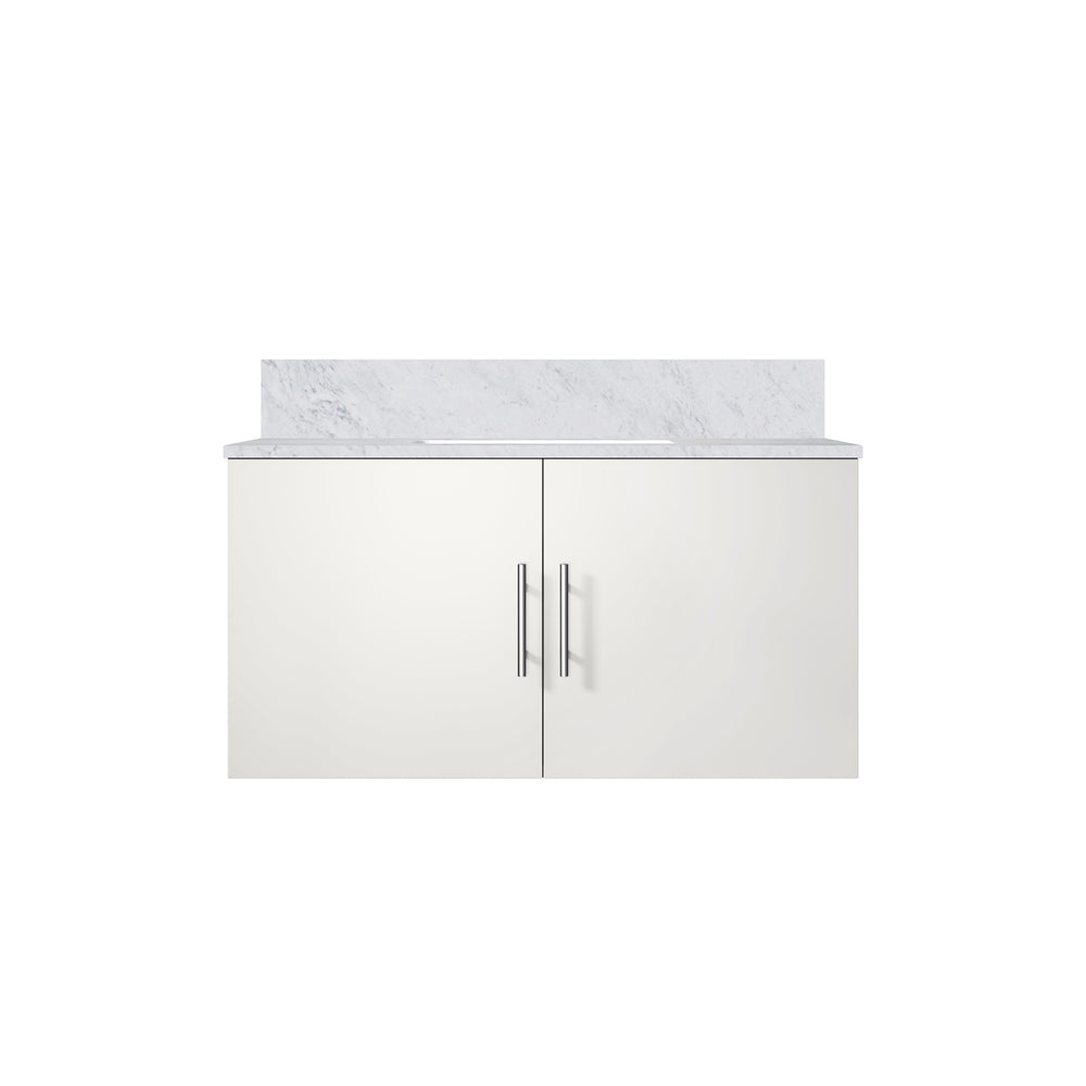 English Elm Glossy White Bath Vanity With Carrara Marble Top, Soft-Close Drawers & Easy Faucet Installation B2731P258628