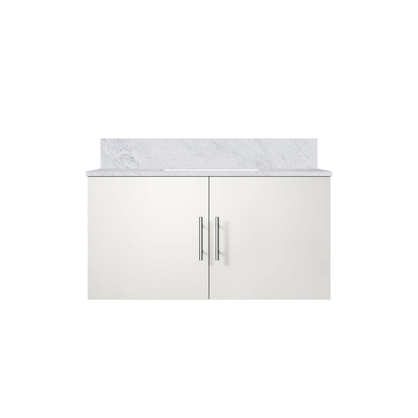 English Elm Glossy White Bath Vanity With Carrara Marble Top, Soft-Close Drawers & Easy Faucet Installation B2731P258628