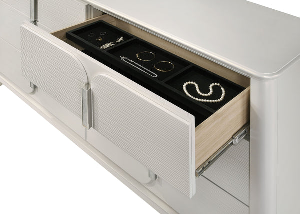 English Elm Laveda Pearl Finish Dresser with Six Spacious Drawers, Hidden Jewelry Tray, Durable Modern Design White 66 L x 21 W x 38 H B2726P269277