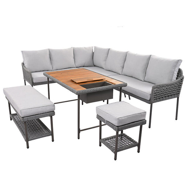 English Elm K&K 6-Piece Rope Patio L-Shaped Sectional Set with Acacia Wood Ice Box Table and Deep Cushions Grey N707S000014G