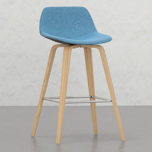 English Elm Harvard Mid-Century Bentwood Counter Bar Stools Set of 2 in Blue Linen Upholstery with Chrome Footrest B2732P253609