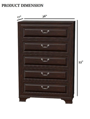 English Elm Transitional Elegant Five-Drawer Chest with Antique Hardware and Deep Storage for Clutter-Free Bedroom Brown,Cherry 40 L x 21 W x 58 H B2741P380214
