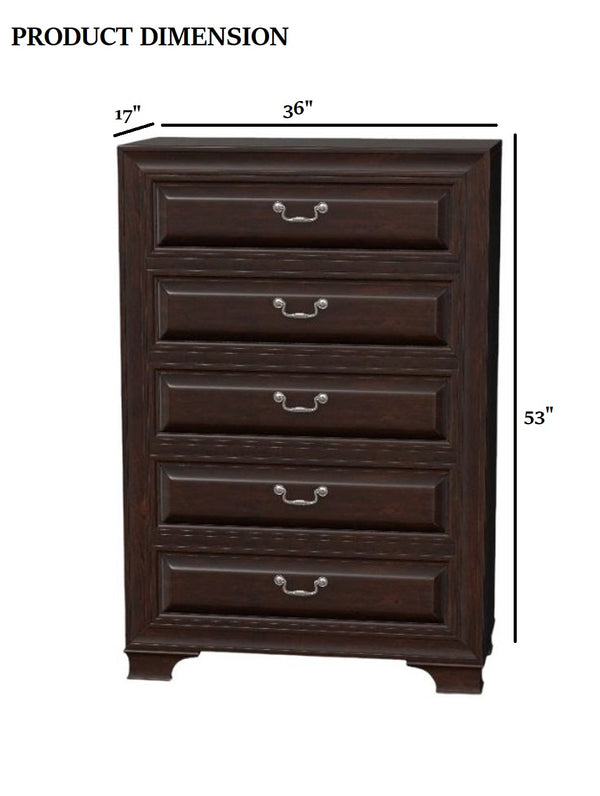 English Elm Transitional Elegant Five-Drawer Chest with Antique Hardware and Deep Storage for Clutter-Free Bedroom Brown,Cherry 40 L x 21 W x 58 H B2741P380214