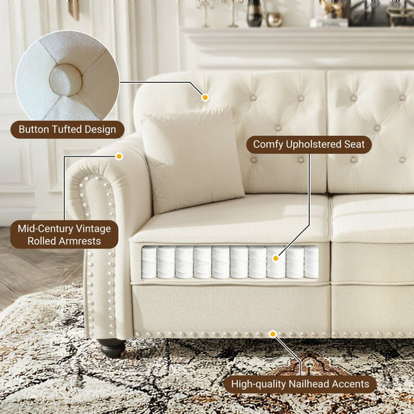 English Elm 82.6"upholstered Velvet Chesterfield Sofa with Button Tufting Nailhead Trim Rolled Arms Beige+White W1885S00370