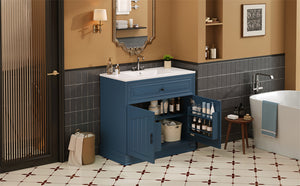 English Elm 36" Luxurious Bathroom Vanity with Ceramic Sink and Soft-Close Doors, Solid Wood Frame, Adjustable Shelves Blue N710P288944C