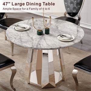 English Elm 47" Round Marble Dining Table - Modern Kitchen Centerpiece With Stylish Faux Marble & Steel Base W3456S00035