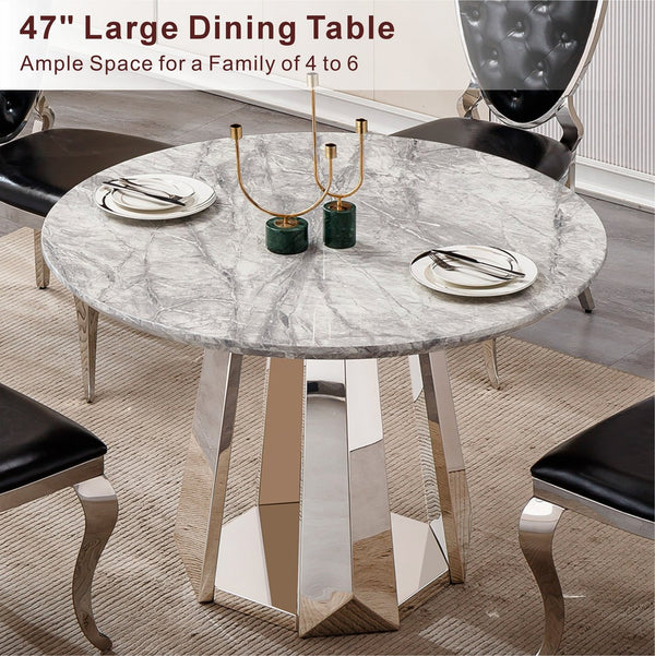 English Elm 47" Round Marble Dining Table - Modern Kitchen Centerpiece With Stylish Faux Marble & Steel Base W3456S00035