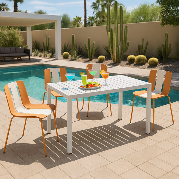 English Elm 4-Pack Modern Striped Color Block Chairs with 55" Long Table — Waterproof PP Seats, Rustproof Metal Frame Beige,Tropical Orange,White W3450S00044