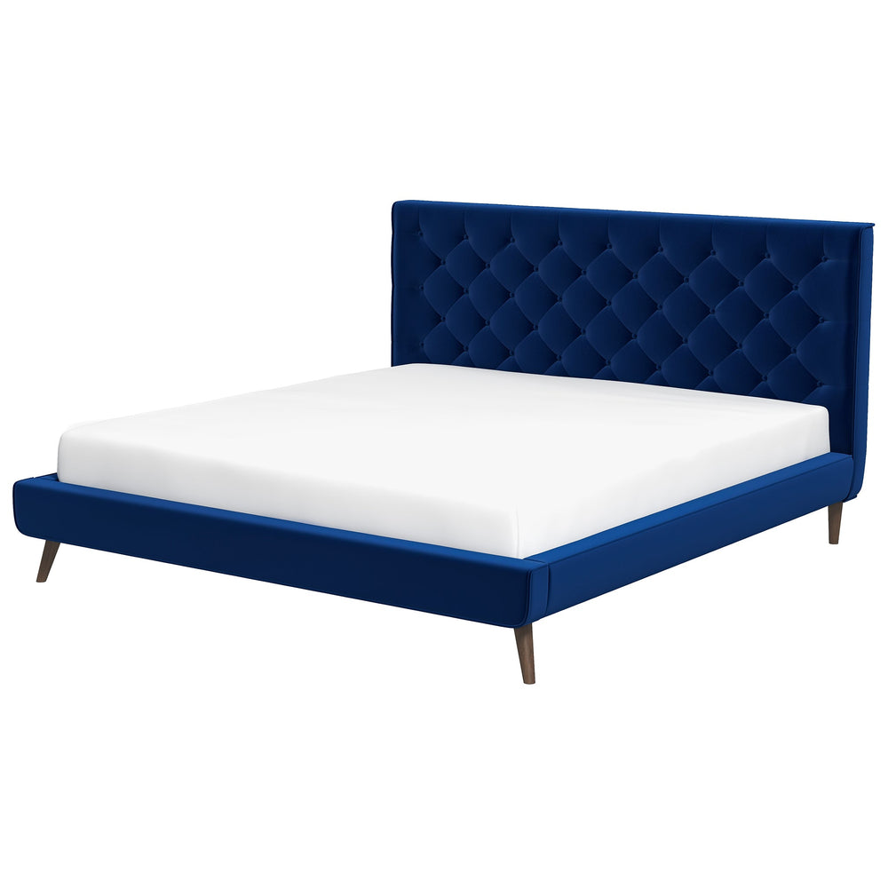 English Elm Ashcroft Furniture - Dillon Luxurious Blue Velvet King Platform Bed With Scrolled Headboard And Nailhead Trim Design B183S00093