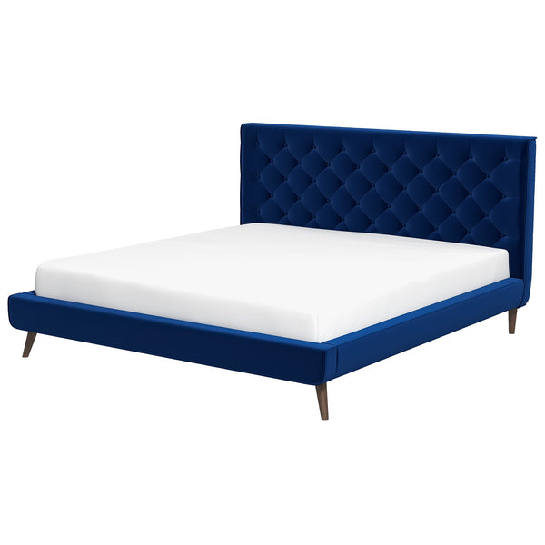 English Elm Ashcroft Furniture - Dillon Luxurious Blue Velvet King Platform Bed With Scrolled Headboard And Nailhead Trim Design B183S00093