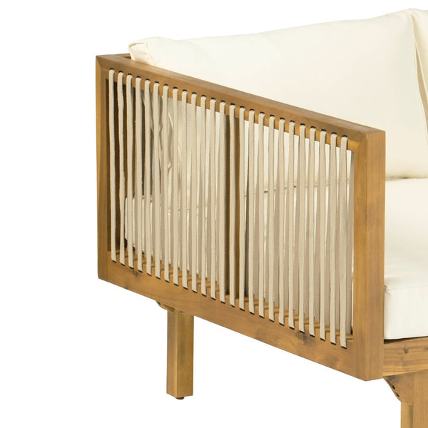 English Elm Outdoor Acacia Wood Sofa with Woven Rope Accents Teak Finish Patio Seating Light Brown,Teak+ Beige N770P354675B