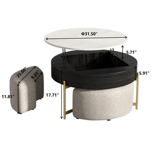 English Elm Vita Modern 31.5" Round Lift-Top Coffee Table Set with Iron Legs and Storage Shelves, Stylish Black,Light beige B341S00043
