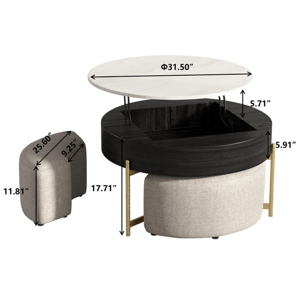 English Elm Vita Modern 31.5" Round Lift-Top Coffee Table Set with Iron Legs and Storage Shelves, Stylish Black,Light beige B341S00043
