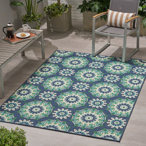 Christopher Knight Home® - Noble House - Marakesh Outdoor 5'3" X 7' Medallion Area Rug, Navy and Green