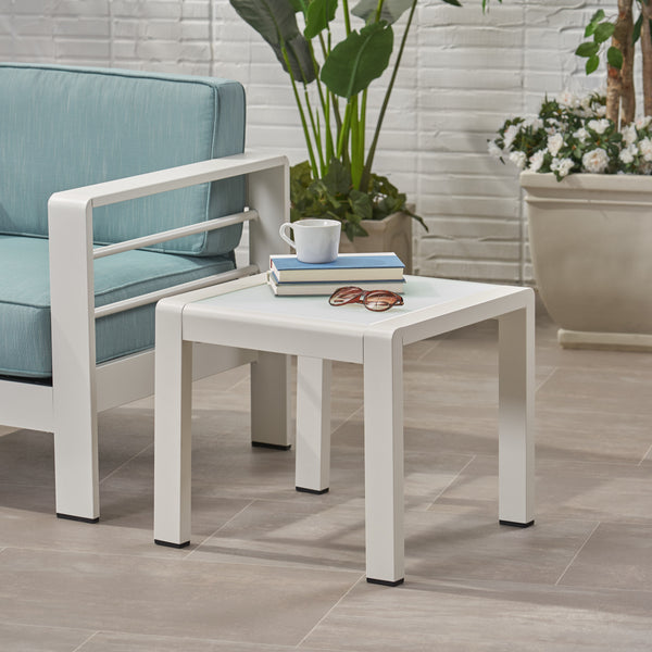 English Elm Christopher Knight Home® - CAPE Coastal Aluminum Side Table with Frosted Tempered Glass Top — Durable Contemporary Patio Accent White 65810.00WHI