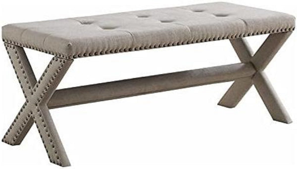 English Elm Glam Button Tufted Upholstered Bench with Nailhead Trim and X Trestle Legs Natural B011P450616