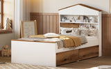 English Elm Twin Size House-Shaped Wooden Bed With Storage Shelf On The Headboard, Built-In Two Storage Drawers, Brown