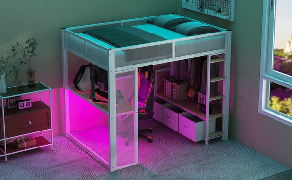 English Elm Full Metal Gaming Loft Bed with LED Lighting, Built-In Desk, Open Wardrobe and 3 Drawers for Space-Saving Comfort White GX001133AAK