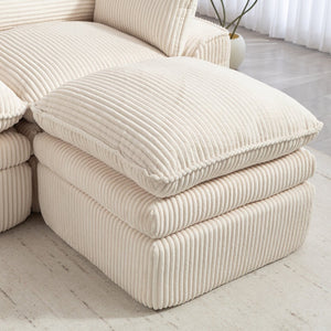 English Elm L Shaped Corduroy Modular Sectional with Cloud Cushions Footstool and Lumbar Pillows Beige W395S00141
