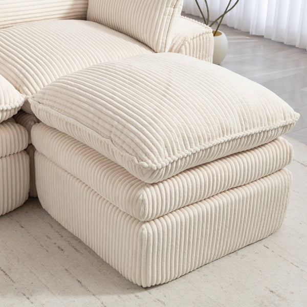 English Elm L Shaped Corduroy Modular Sectional with Cloud Cushions Footstool and Lumbar Pillows Beige W395S00141