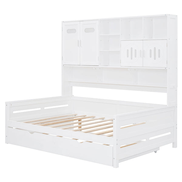 English Elm Full Size Wooden Daybed With Twin Trundle, Integrated Storage Cabinet & Stylish White Finish N820S00027K