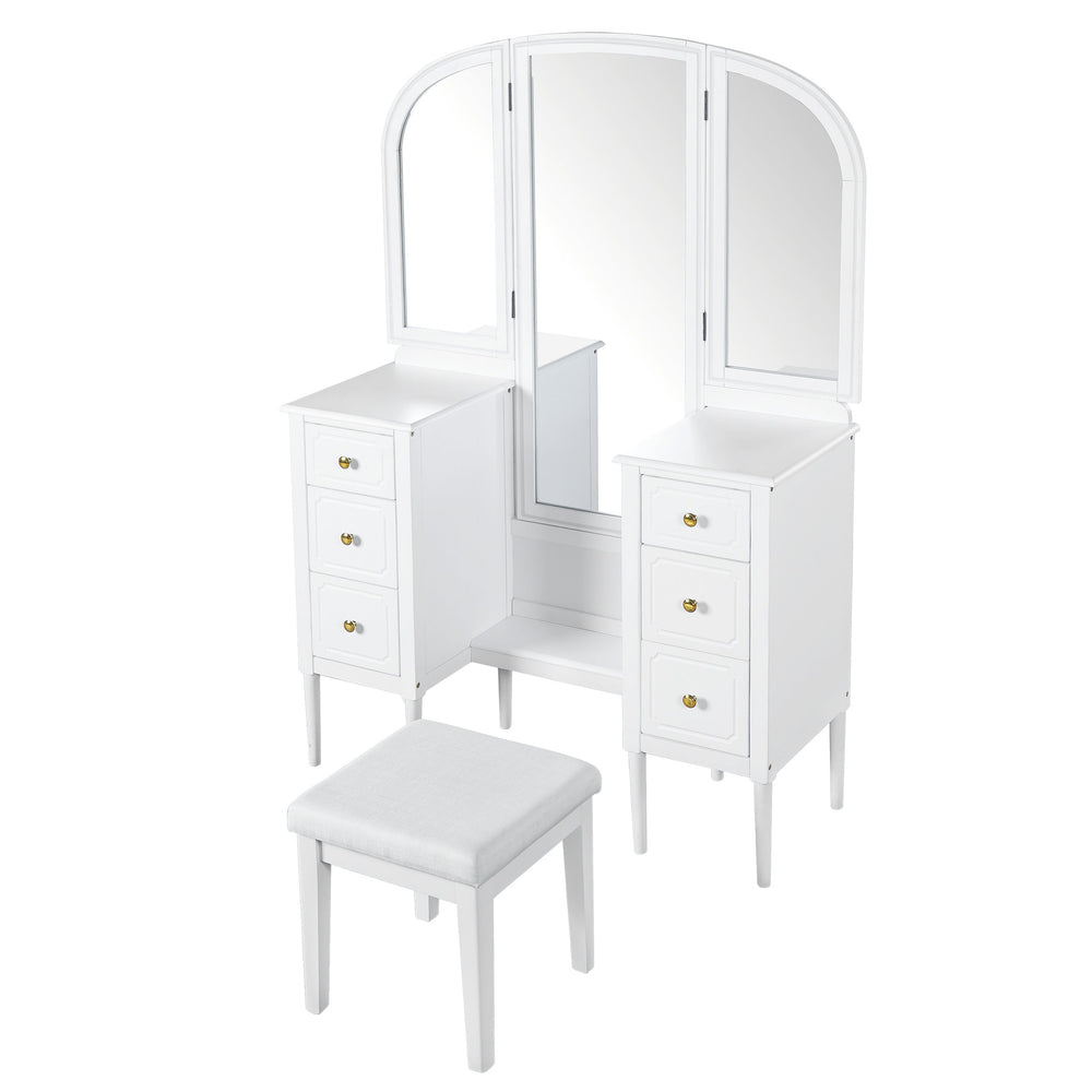 English Elm Antique Glam Vanity Desk with Triple Mirror, Stool & 6 Drawers, Full‑Length Mirror, White Elegance N844P285297A