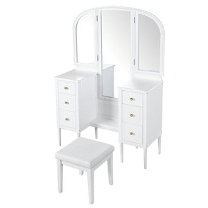 English Elm Antique Glam Vanity Desk with Triple Mirror, Stool & 6 Drawers, Full‑Length Mirror, White Elegance N844P285297A