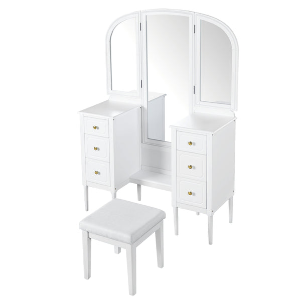 English Elm Antique Glam Vanity Desk with Triple Mirror, Stool & 6 Drawers, Full‑Length Mirror, White Elegance N844P285297A