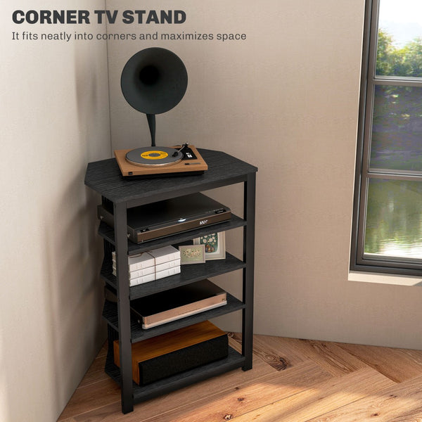 English Elm Tv Stand with Four Open Shelves Matte Steel Frame Corner Fit for Small Spaces T3971P406051