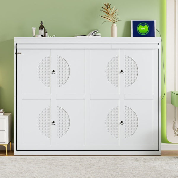 English Elm Queen Murphy Wall Bed Rattan Cabinet Front Folds Slim for Studio or Guest Room White N708S00012K-2