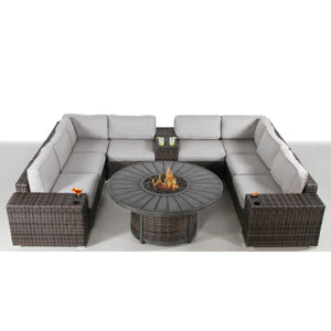 English Elm 6-Person Luxury Patio Seating Set with Concrete Fire Pit, HDPE Wicker, Plush Cushions, Turnkey Outdoor Retreat Espresso B120S00199