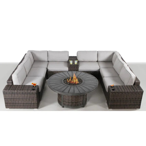 English Elm 6-Person Luxury Patio Seating Set with Concrete Fire Pit, HDPE Wicker, Plush Cushions, Turnkey Outdoor Retreat Espresso B120S00199