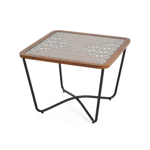 English Elm Modern Square Glass Top Coffee Table with Geometric Pattern and Black Metal Frame N770P197539B