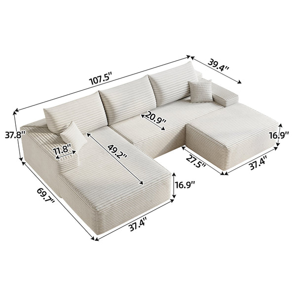 English Elm 107"Cloud Plush Corduroy Sectional Sofa with Ottoman No-Assembly Modular U-Shaped Deep Seat Comfort and Versatile Living Room Solution White W2824S00115