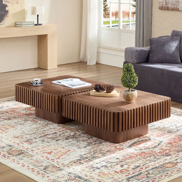 English Elm 2-piece Nesting Round Coffee Table Set Wood Veneer Sculptural Living Room Accent Walnut W2582S00182