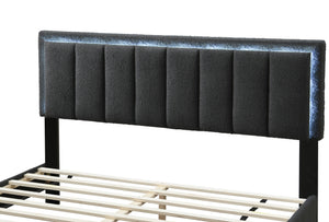 English Elm 1pc Queen Size Bed Wool Upholstered Platform with Channel Tufted Headboard and Built‑In LED Lighting Charcoal 66 L x 29 W x 9 H B011P238968