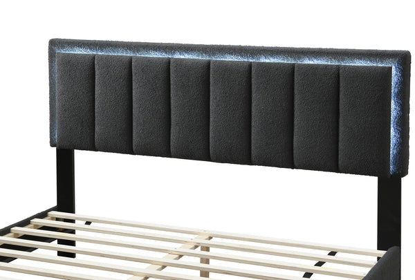 English Elm 1pc Queen Size Bed Wool Upholstered Platform with Channel Tufted Headboard and Built‑In LED Lighting Charcoal 66 L x 29 W x 9 H B011P238968