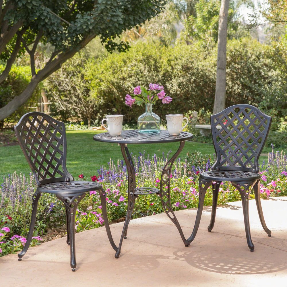 English Elm Christopher Knight Home® - BONO Metal Bistro Set Black - Cast Aluminum Lattice Patio Table & 2 Chairs, Durable Elegant Outdoor Seating (100) 59076.00ALU
