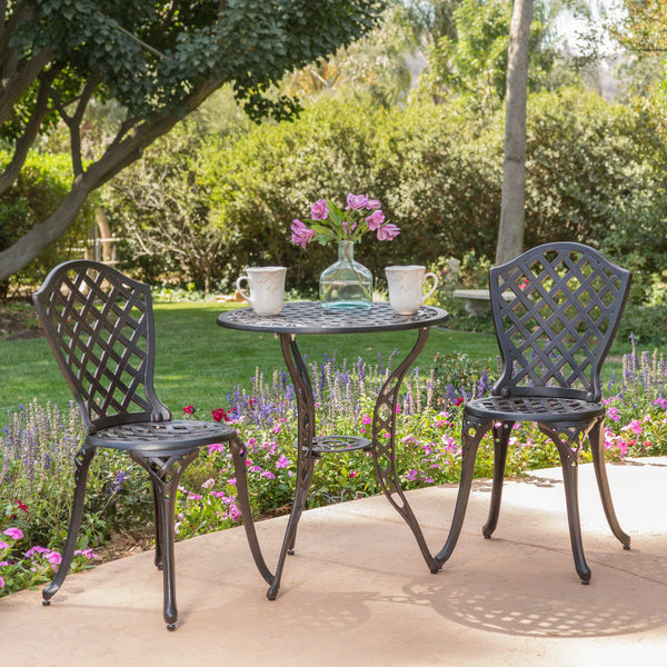 English Elm Christopher Knight Home® - BONO Metal Bistro Set Black - Cast Aluminum Lattice Patio Table & 2 Chairs, Durable Elegant Outdoor Seating (100) 59076.00ALU