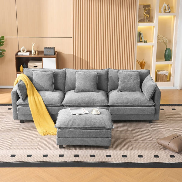 English Elm Beige Chenille Sectional Sofa with Modular Ottoman for Living Room or Studio Gray W2603S00008
