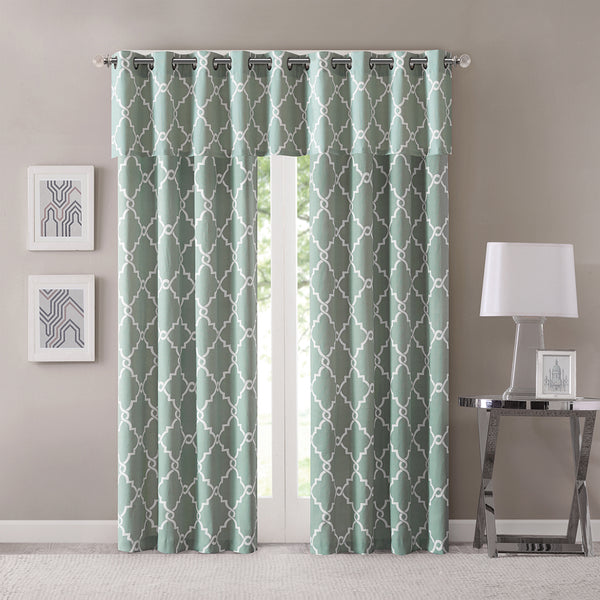 JLA Home Madison Park - Fretwork Metallic Fretwork Print Valance with Grommet Top — Textured Cotton-Blend Light Filter Seafoam/White MP41-2405