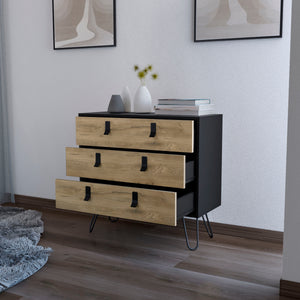 English Elm Kimball Modern Hairpin Legs Dresser, 3-Drawer Black/Macadamia Finish, Metal Handles, RTA Elegance B128P176106