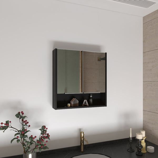 English Elm Ozark Modern 24" Mirrored Medicine Cabinet with Three Interior Shelves and Open Bottom Shelf Black 28 L x 22 W x 5 H B128P148781