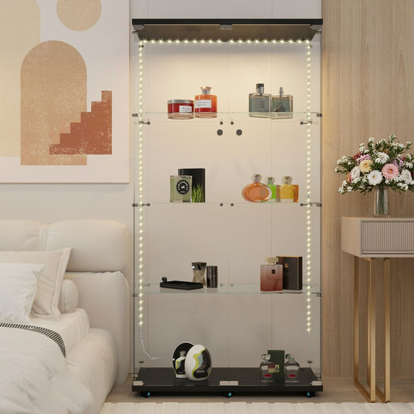 English Elm Tempered Glass Display Cabinet With Bluetooth Led Light Strip, Lockable, Mobile & Stylish For Any Room W3155S00005-GIGA