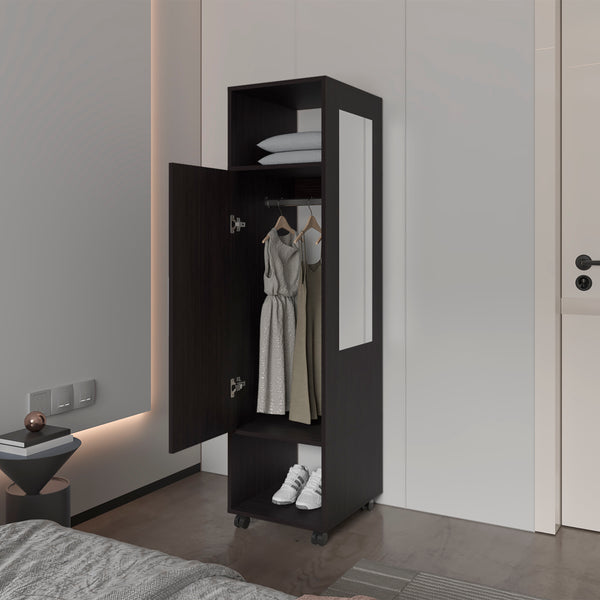 English Elm Summit Melamine Wardrobe with Mirror, Door & Open Storage in Black — Sleek Space-Saving Closet Organizer B128P225196