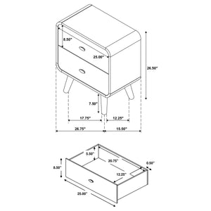 English Elm Winston Retro Light Ash 2-Drawer Nightstand with Felt-Lined Drawer, Rounded Edges, Tapered Legs B062P375525