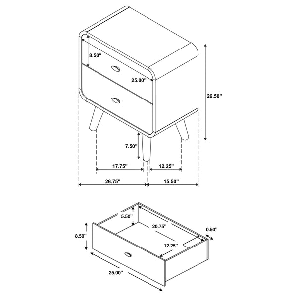 English Elm Winston Retro Light Ash 2-Drawer Nightstand with Felt-Lined Drawer, Rounded Edges, Tapered Legs B062P375525