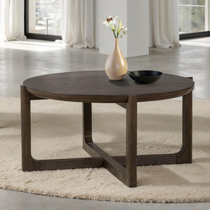 English Elm Transitional 42" Round Cocktail Table - Dark Walnut Wood Top With Sturdy Trestle Base For Living Rooms B2741P404267-GIGA