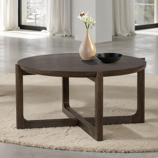 English Elm Transitional 42" Round Cocktail Table - Dark Walnut Wood Top With Sturdy Trestle Base For Living Rooms B2741P404267-GIGA