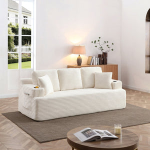 English Elm Boneless Floor Sofa Corduroy Upholstered 5 Seat Low Profile with Cup Holders for Living Room Beige W1117S00437